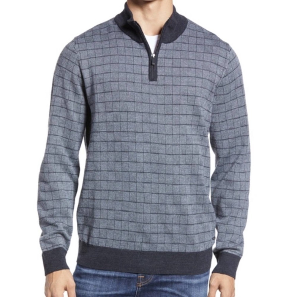 NWT Brax Men's Steffen Quarter Zip Blue Plaid Pullover Sweater Anthracite